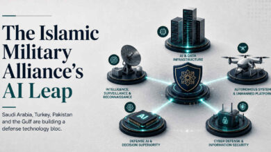 Islamic NATO AI defense 2026 infographic showing Saudi Arabia, Turkey, Pakistan, and Gulf states advancing defense AI, drones, and cyber infrastructure
