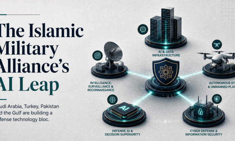 Islamic NATO AI defense 2026 infographic showing Saudi Arabia, Turkey, Pakistan, and Gulf states advancing defense AI, drones, and cyber infrastructure