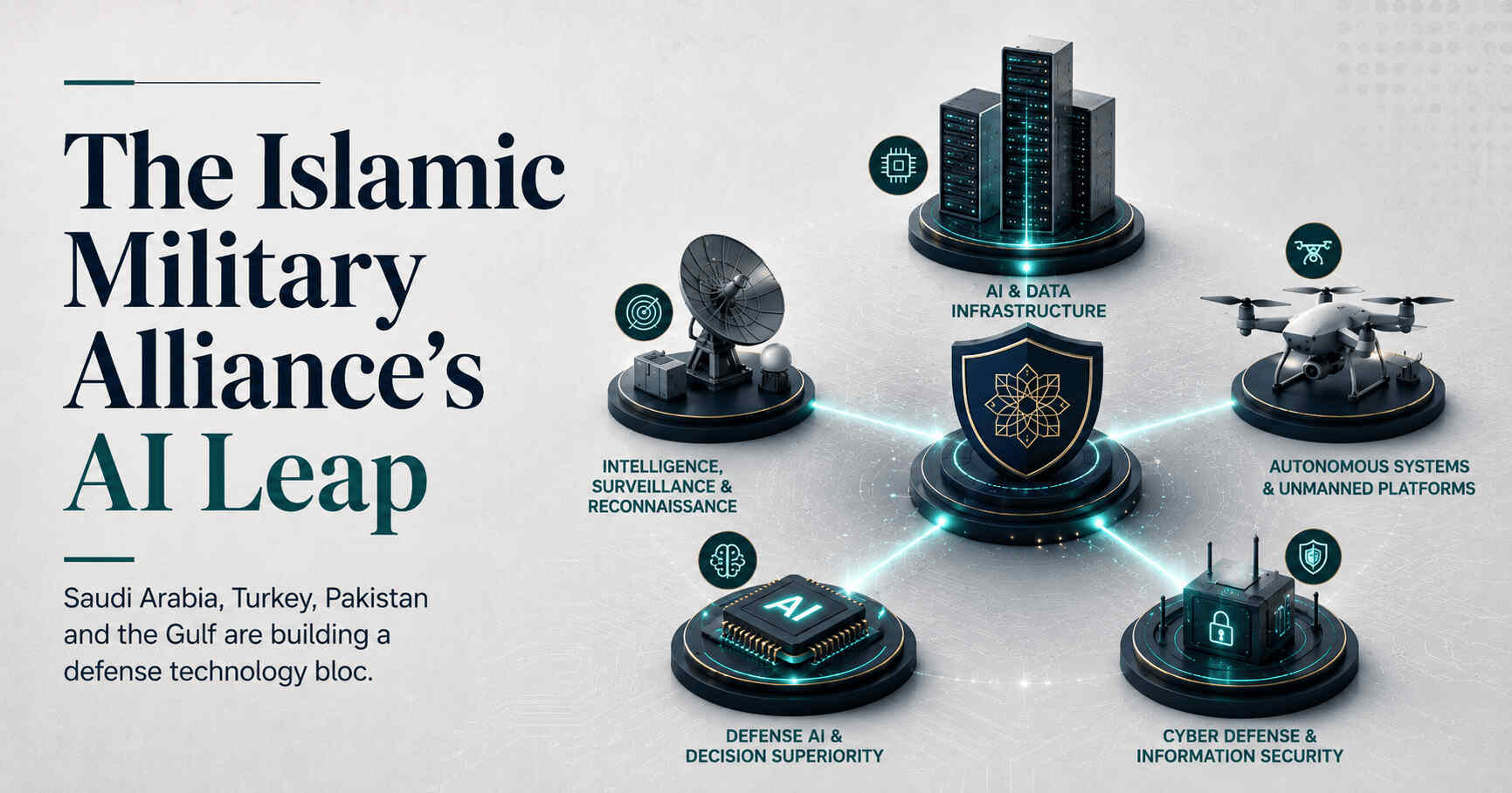Islamic NATO AI defense 2026 infographic showing Saudi Arabia, Turkey, Pakistan, and Gulf states advancing defense AI, drones, and cyber infrastructure