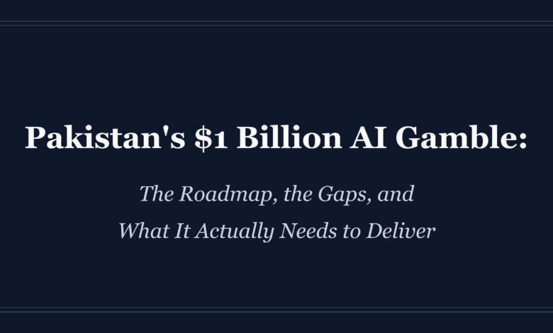 Infographic illustrating Pakistan AI economy 2026, highlighting the $1B national AI fund and early program priorities.
