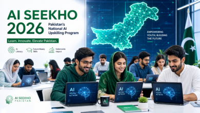 Infographic showing the AI Seekho 2026 program’s impact on Pakistan’s workforce, highlighting AI upskilling goals, digital literacy growth, and projected national AI readiness.