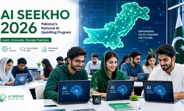 Infographic showing the AI Seekho 2026 program’s impact on Pakistan’s workforce, highlighting AI upskilling goals, digital literacy growth, and projected national AI readiness.