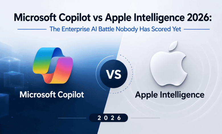 Microsoft Copilot vs Apple Intelligence 2026 comparison visual showing AI innovation rivalry and enterprise technology contrast.