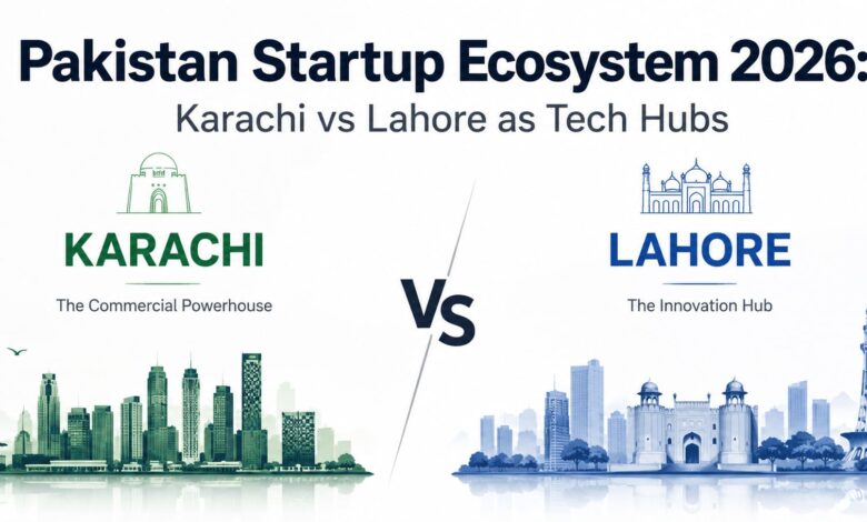 the Pakistan startup ecosystem 2026, highlighting Karachi and Lahore as emerging tech hubs with growth metrics and funding trends.