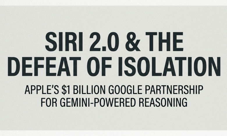 Apple's $1 Billion Google Partnership for Gemini-Powered Reasoning." The image serves as a minimalist informational graphic detailing a major shift in AI strategy for Siri 2.0 WWDC 2026.