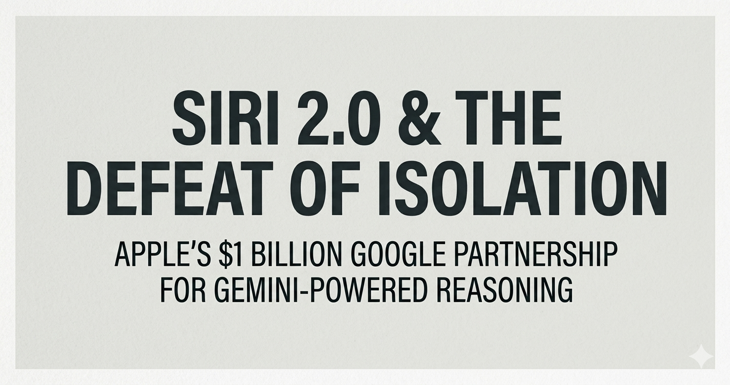 Apple's $1 Billion Google Partnership for Gemini-Powered Reasoning." The image serves as a minimalist informational graphic detailing a major shift in AI strategy for Siri 2.0 WWDC 2026.