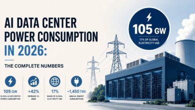 AI Data Center Power Consumption in 2026 infographic showing 105 GW usage and global electricity share.