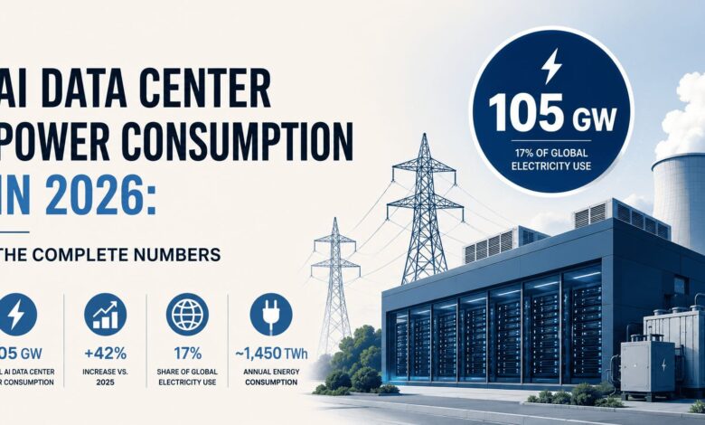 AI Data Center Power Consumption in 2026 infographic showing 105 GW usage and global electricity share.