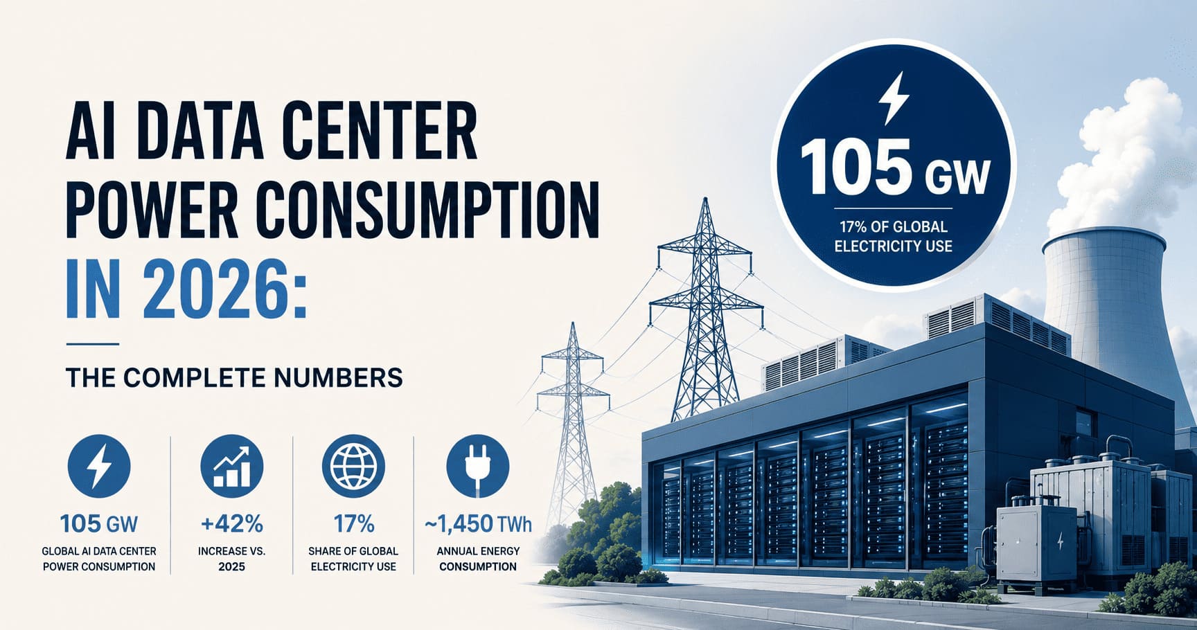 AI Data Center Power Consumption in 2026 infographic showing 105 GW usage and global electricity share.
