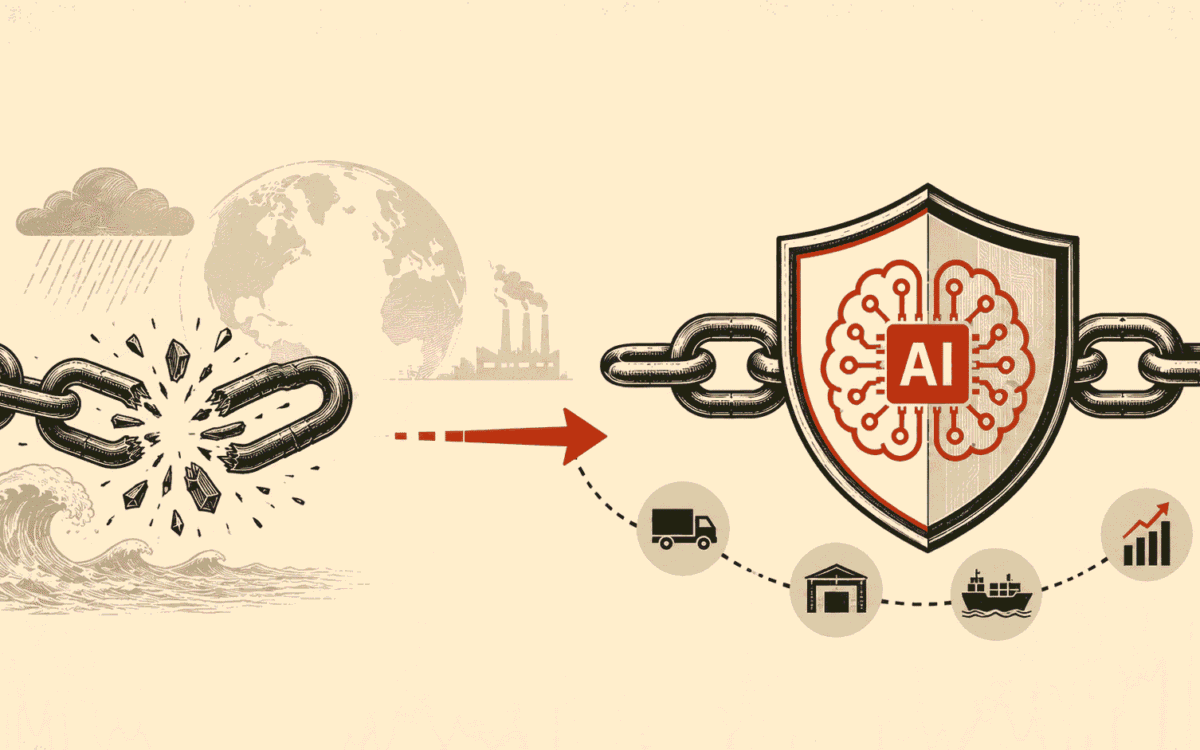 AI supply chain 2026 showing autonomous warehouse robots and disruption monitoring for enterprise logistics resilience