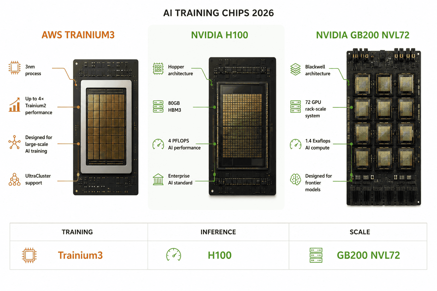 AWS Trainium3 vs Nvidia H100 vs GB200 NVL72 comparison 2026 showing FP8 compute memory and cost enterprise decision