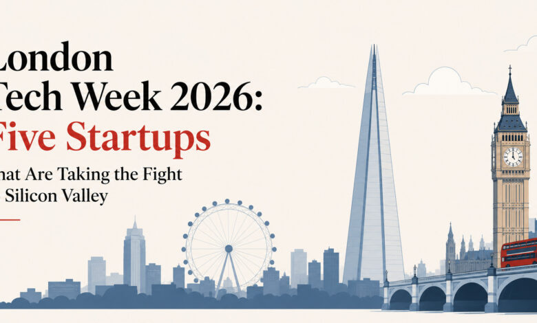 London Tech Week 2026 banner showcasing London's iconic skyline with Big Ben, The Shard, the London Eye, and a feature on five startups taking the fight to Silicon Valley