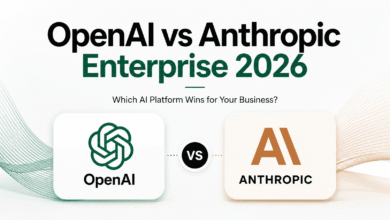OpenAI vs Anthropic 2026 enterprise AI comparison visual showing business platform rivalry and innovation contrast.