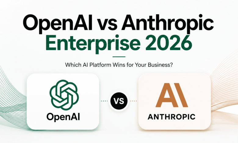 OpenAI vs Anthropic 2026 enterprise AI comparison visual showing business platform rivalry and innovation contrast.