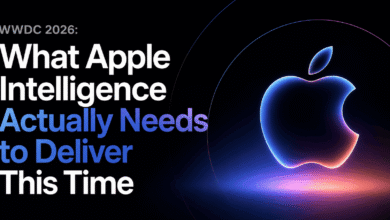 WWDC 2026 Apple Intelligence keynote visual showing glowing Apple logo and headline about AI expectations.