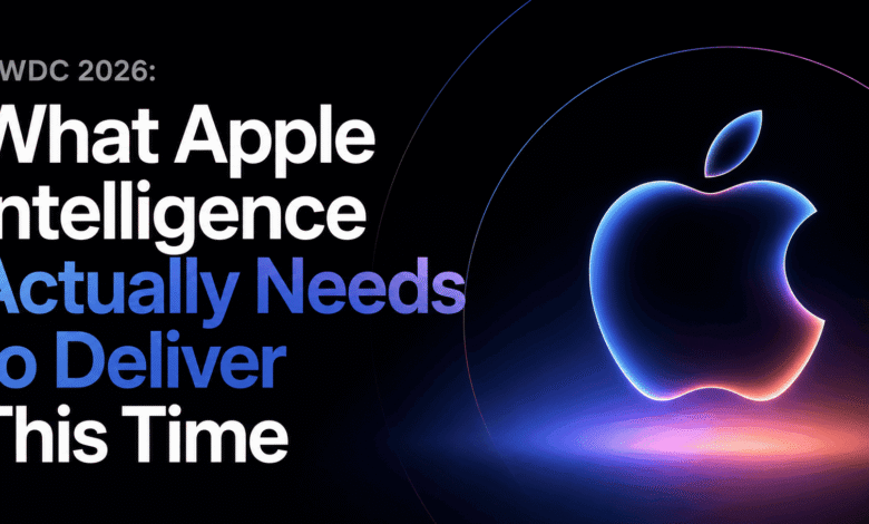 WWDC 2026 Apple Intelligence keynote visual showing glowing Apple logo and headline about AI expectations.
