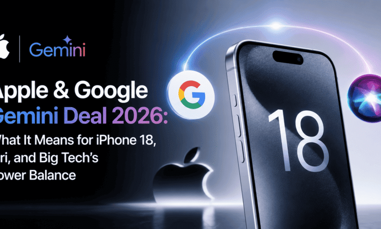 Apple Google Gemini deal 2026 — AI partnership visual featuring iPhone 18, Siri, and Google integration.