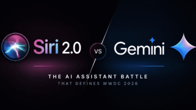 Siri 2.0 vs Gemini — AI assistant battle visual from WWDC 2026 showing Apple and Google rivalry.
