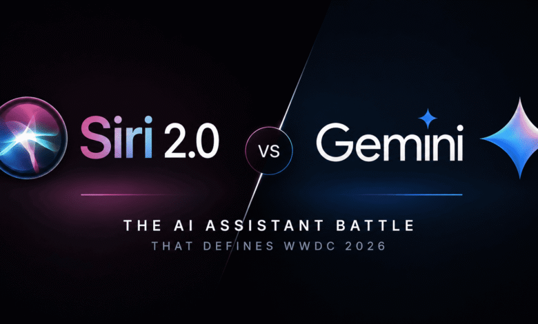 Siri 2.0 vs Gemini — AI assistant battle visual from WWDC 2026 showing Apple and Google rivalry.
