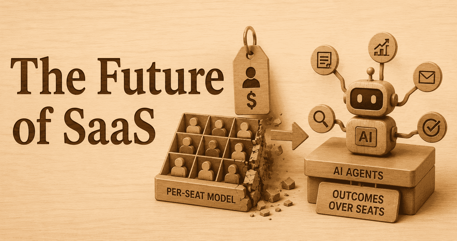 Future of SaaS 2026 showing AI agents replacing per-seat pricing model with consumption-based enterprise software billing