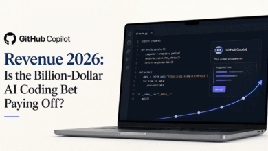 GitHub Copilot revenue 2026 — a visual of the AI coding assistant’s billion‑dollar growth story, showing a laptop with code and an upward trend arrow symbolizing accelerating adoption and enterprise impact.