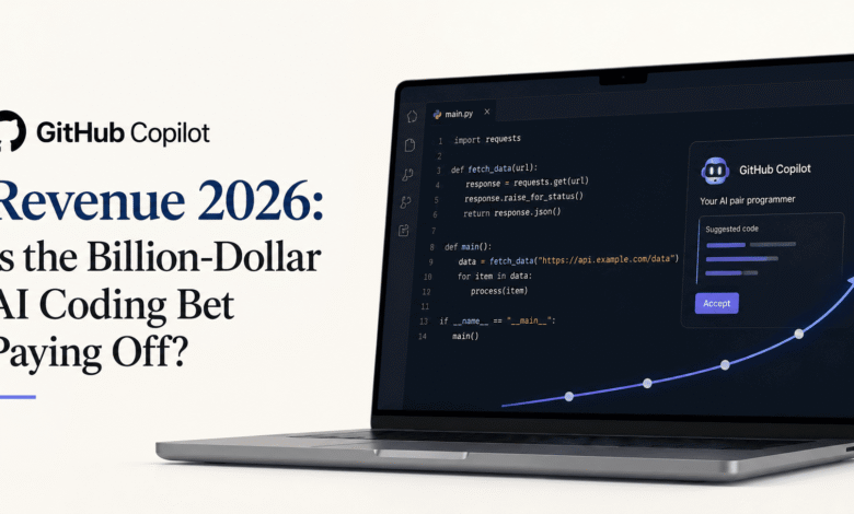 GitHub Copilot revenue 2026 — a visual of the AI coding assistant’s billion‑dollar growth story, showing a laptop with code and an upward trend arrow symbolizing accelerating adoption and enterprise impact.