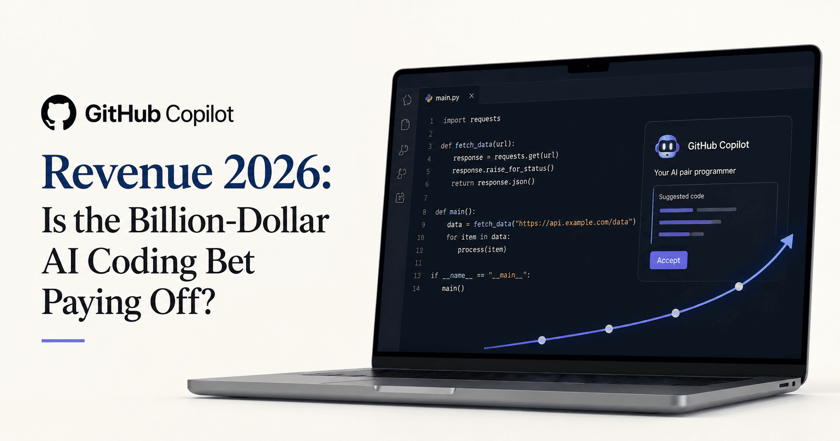 GitHub Copilot revenue 2026 — a visual of the AI coding assistant’s billion‑dollar growth story, showing a laptop with code and an upward trend arrow symbolizing accelerating adoption and enterprise impact.