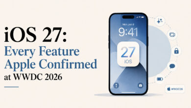 iOS 27 features revealed at WWDC 2026 with iPhone display and Apple icons.