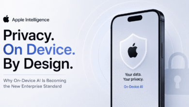 Apple Intelligence enterprise privacy 2026 showing Private Cloud Compute on-device AI architecture versus cloud AI data exposure risk