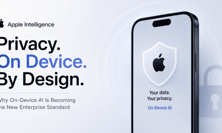 Apple Intelligence enterprise privacy 2026 showing Private Cloud Compute on-device AI architecture versus cloud AI data exposure risk