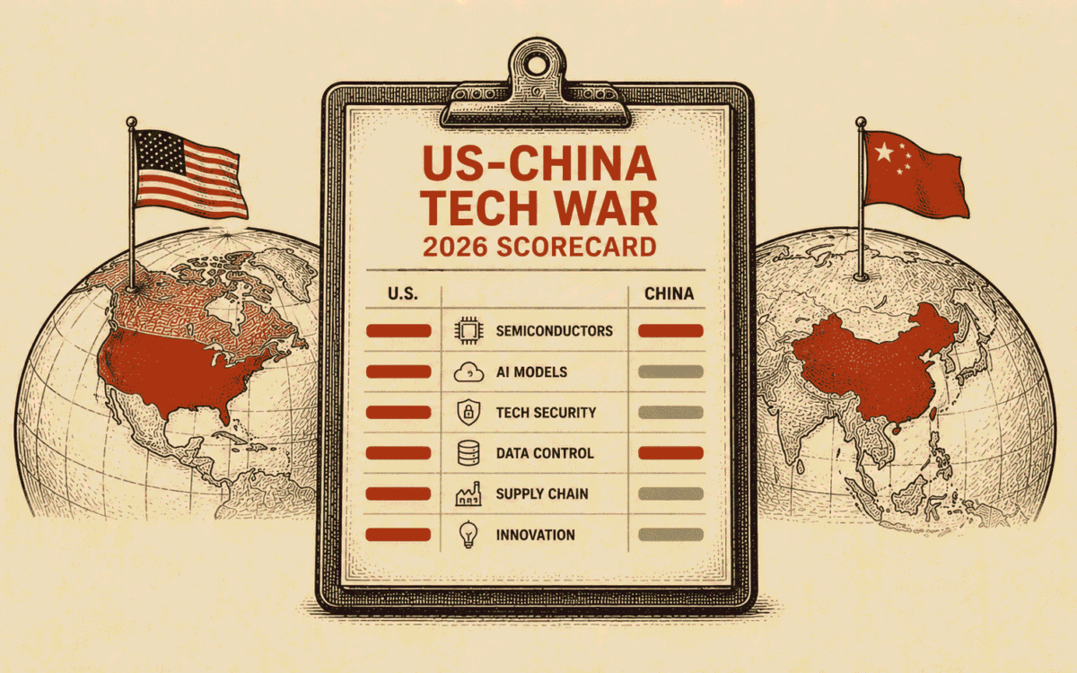 US China tech war 2026 scorecard showing AI chip export controls and model capability comparison