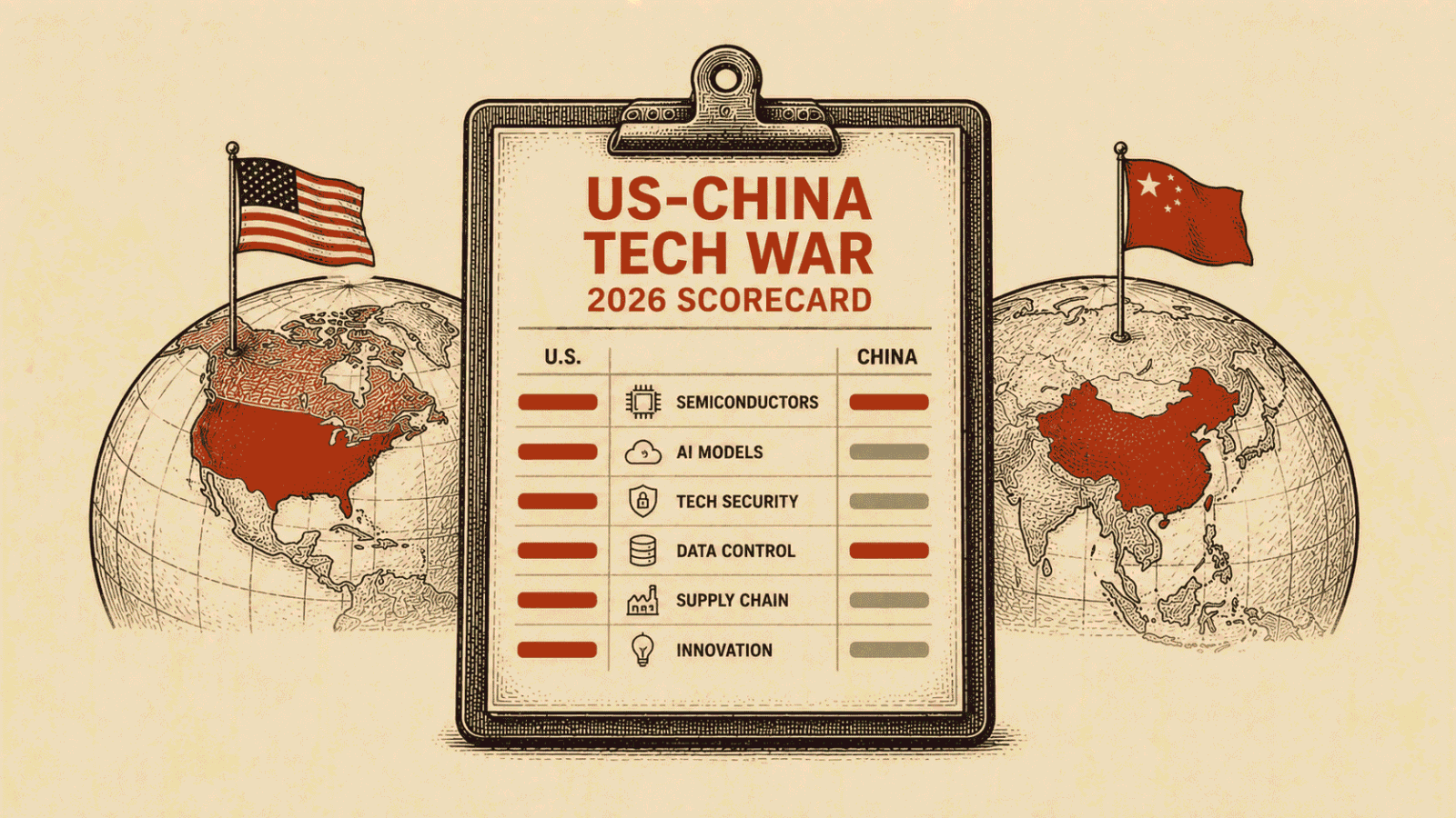 US China tech war 2026 scorecard showing AI chip export controls and model capability comparison