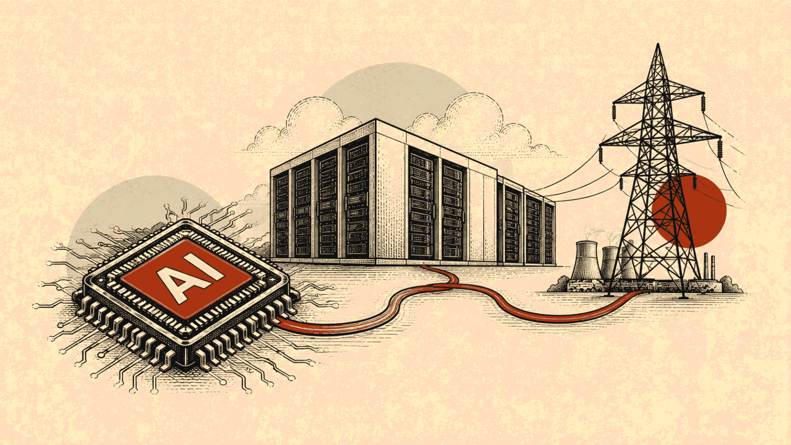 AI infrastructure news 2026 showing chips, data centers, power grids, cooling and networking