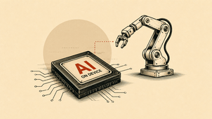 Edge AI news 2026 showing cloud AI connected to phones, cameras, robots and factories running local intelligence