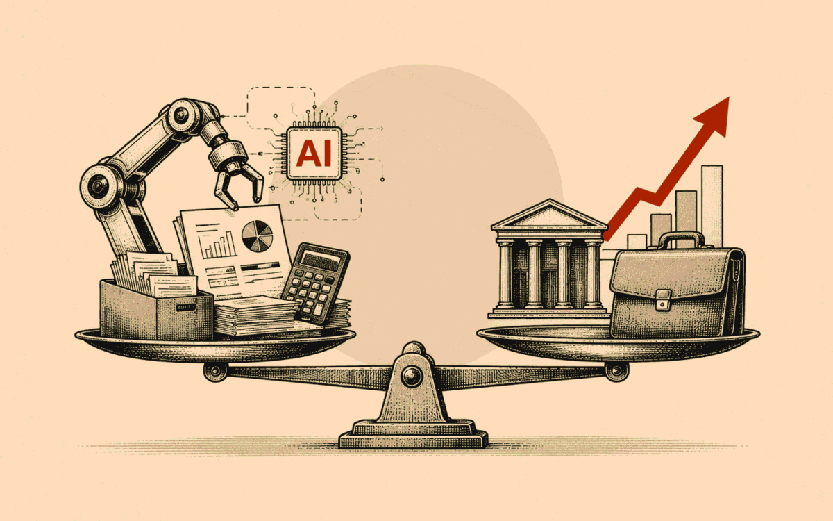 Will AI replace finance jobs in 2026 showing routine tasks moving to AI while human work shifts toward judgment