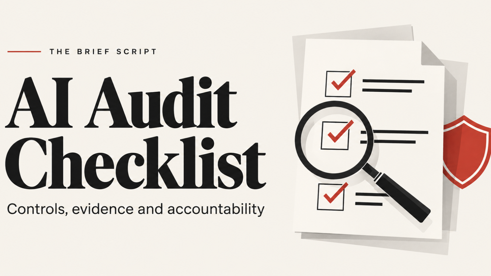 AI Audit Checklist: controls, evidence and accountability, with a checklist, magnifying glass and shield