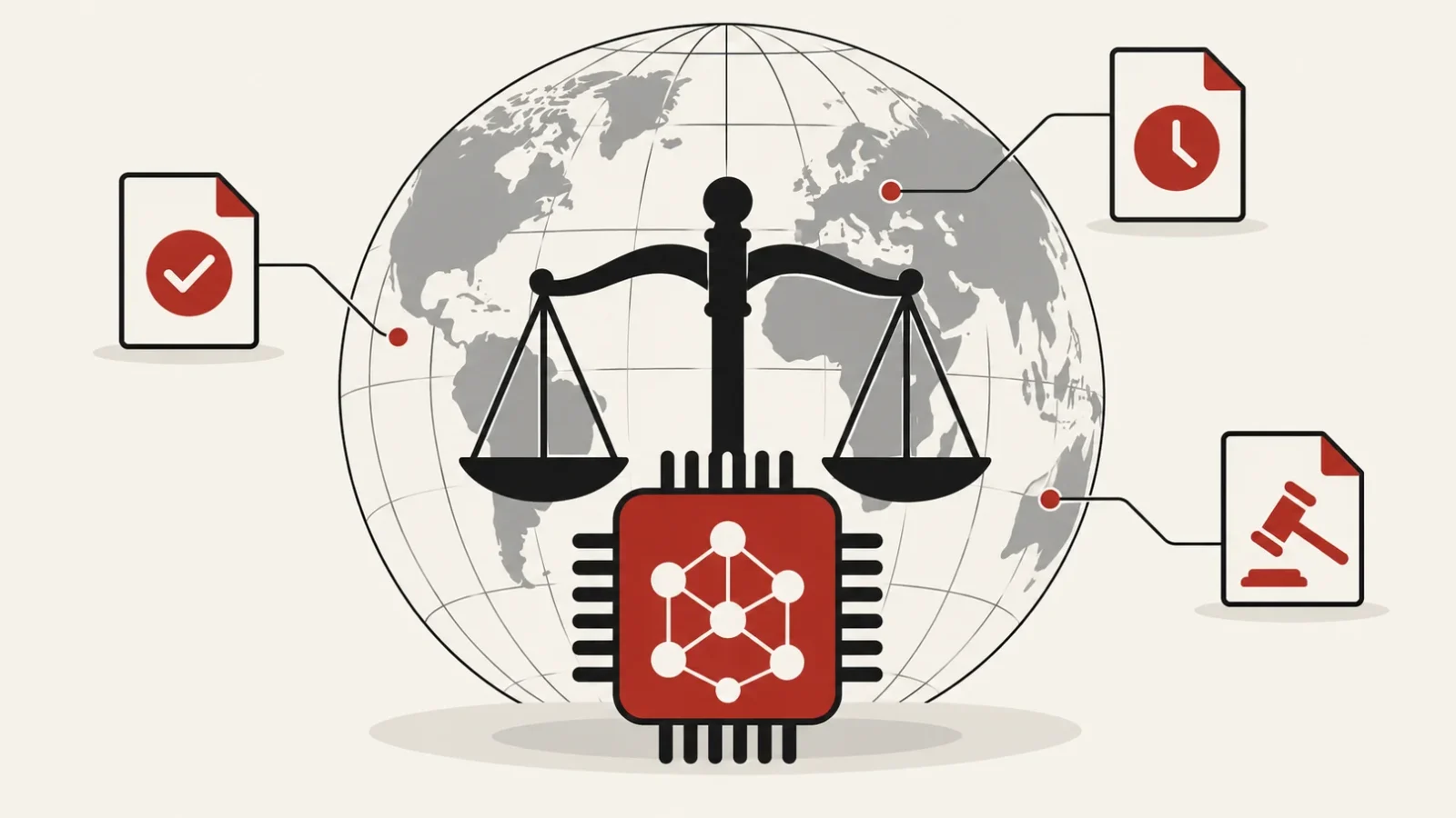 Artificial intelligence regulation: scales of justice over an AI chip and a globe